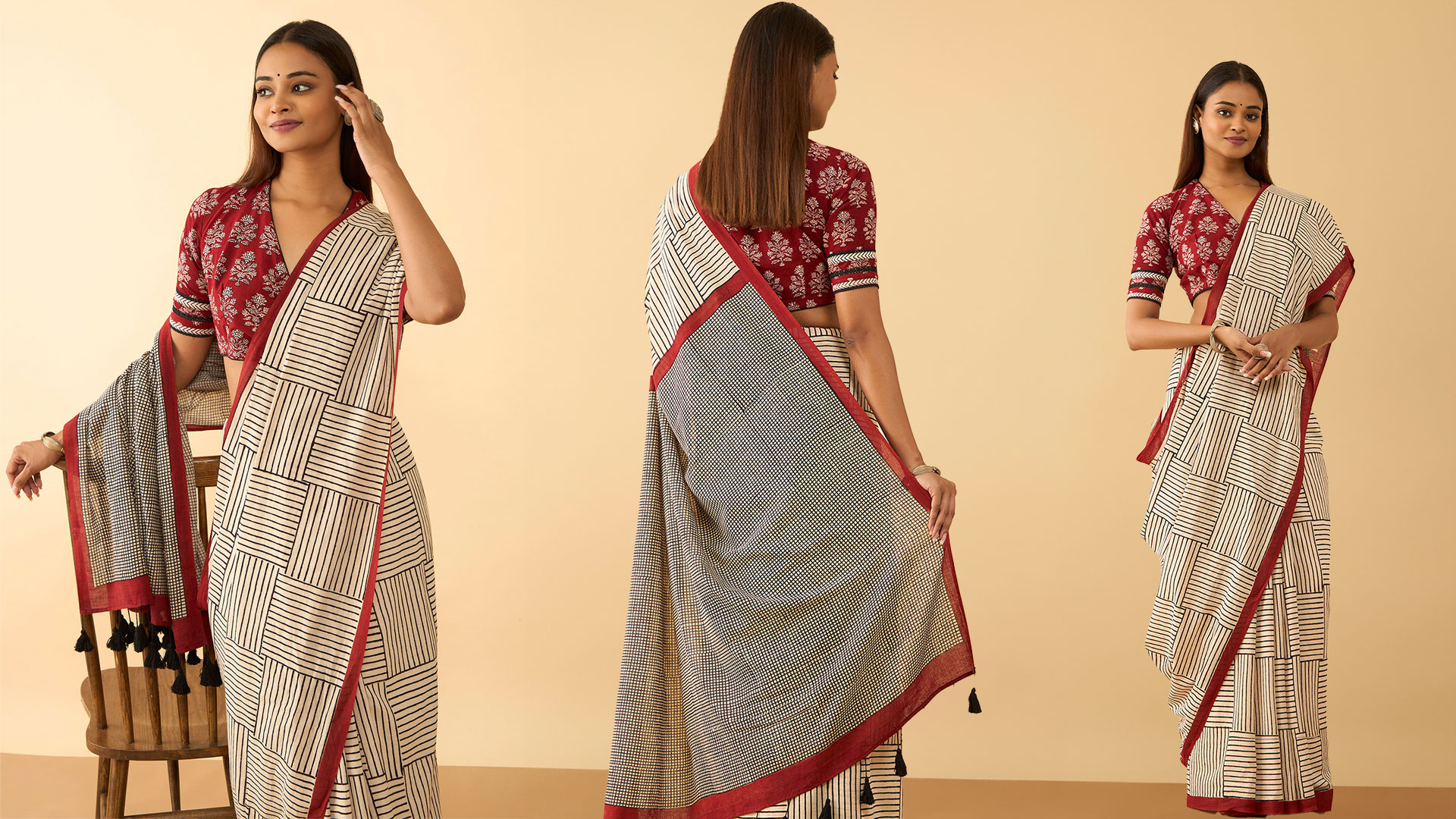 Khadi saree with blocks of criss-crossing lines,