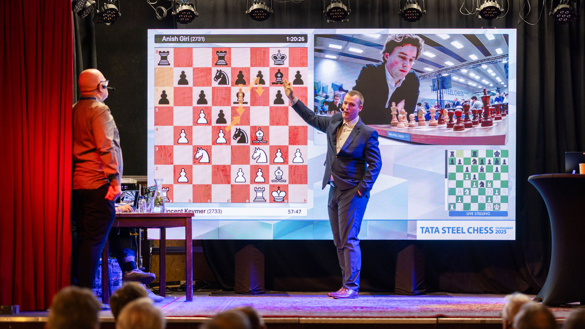 Analyst explaining moves on a giant chessboard