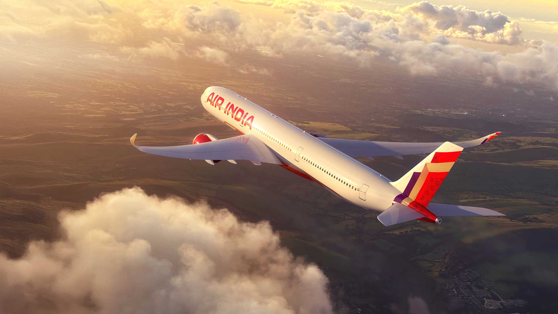 An Air India A350 in new livery above the clouds