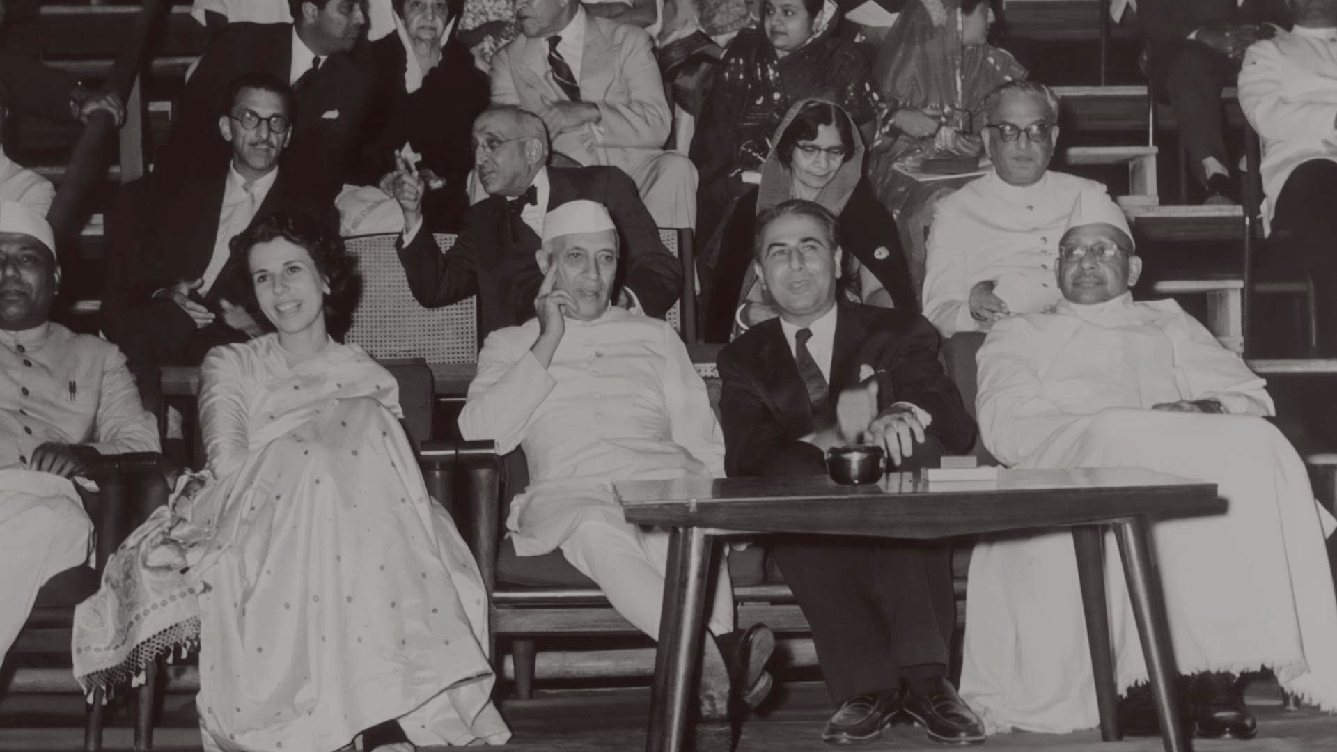 A group photo of Jawaharlal Nehru, Naval Tata, Homi Bhabha at an event. Also seen is JRD Tata.